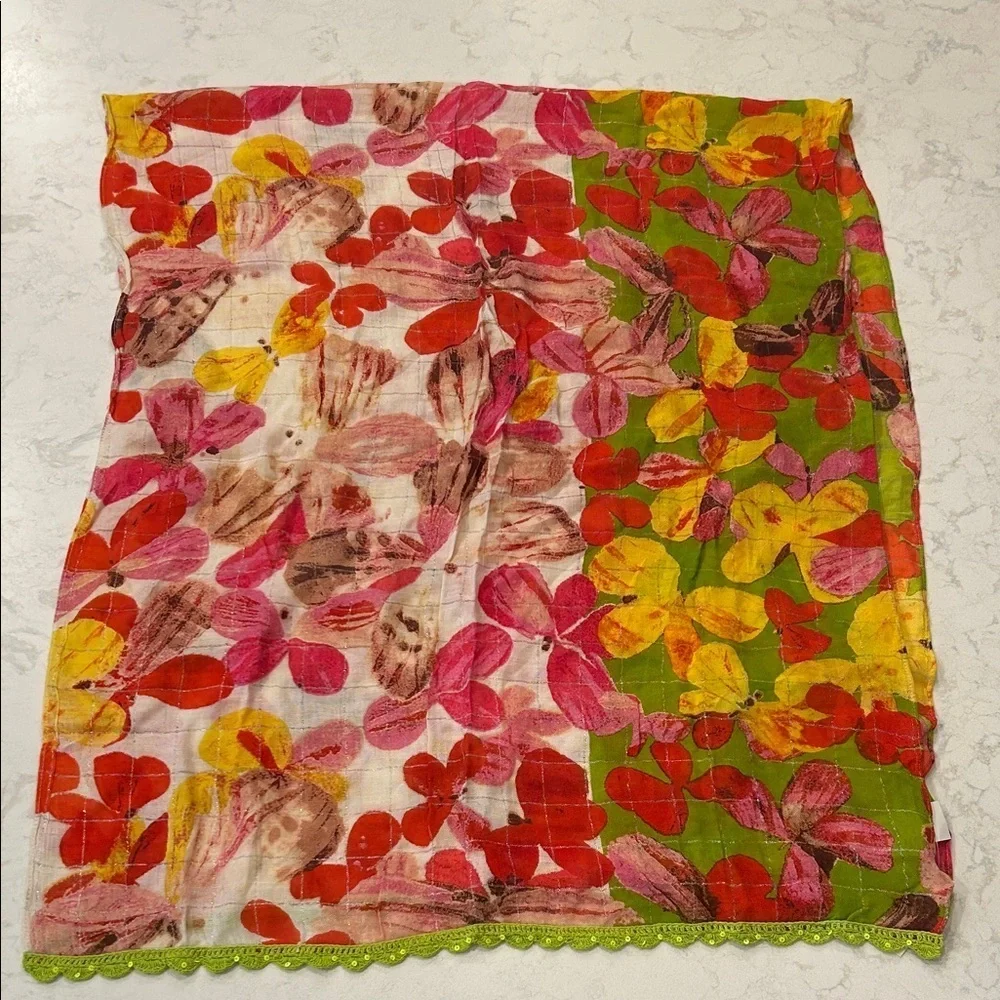 Ann Taylor Loft‎ Colorful Floral Rayon Women's Scarf Crochet Hem Scalloped NWT